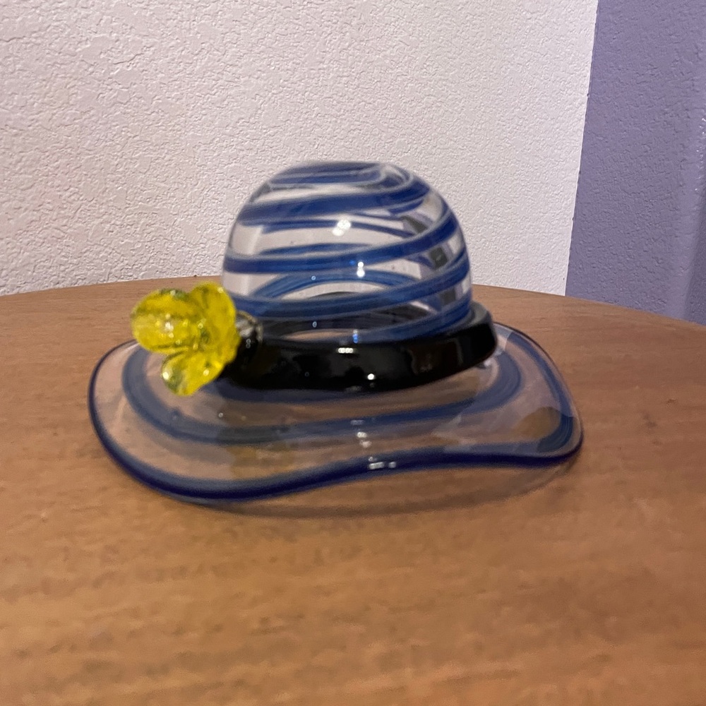 Art Glass Blue Striped Floppy Hat Vase/Candy Dish